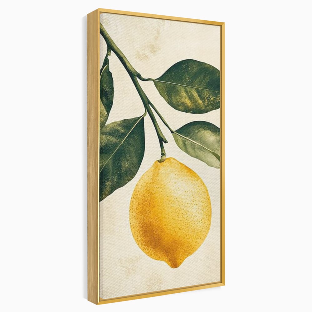 Tablou canvas cu ilustratie botanica cu lamaie si frunze, in rama de aluminiu auriu